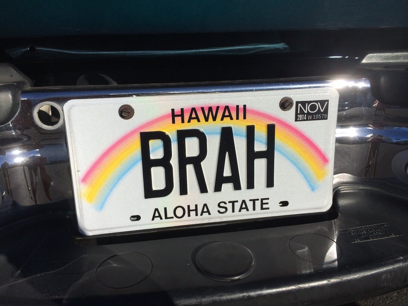 A Hawaii license plate. You won't find any commercial Hawaii billboards when driving on the islands.