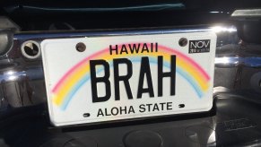 A Hawaii license plate. You won't find any commercial Hawaii billboards when driving on the islands.