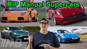 Thumbnail from MotorBiscuit original video about the last manual cars from various exotic manufacturers