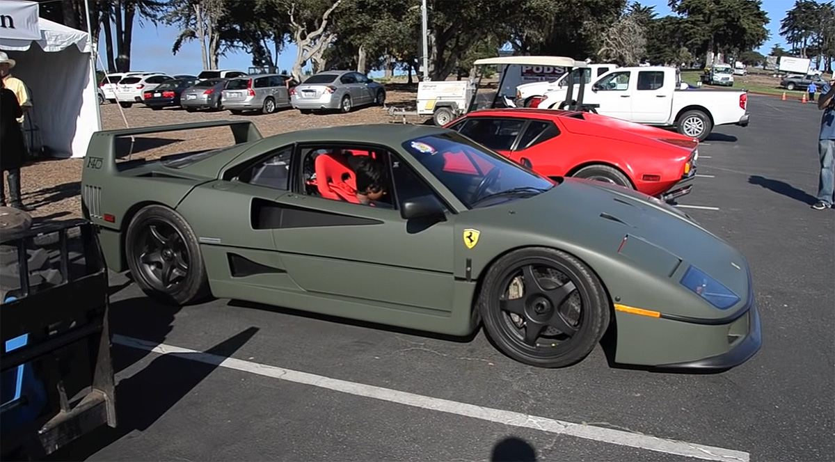 Matte Green Ferrari F40 spotted at Monterey Car Week in 2014 is also the street parked car with duct tape on the bumper in Connecticut
