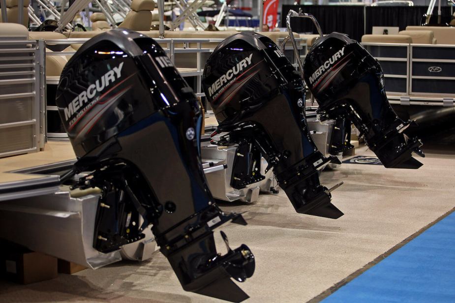 A lineup of Mercury outboard motors at the 83rd annual Chicago Boat, Sports and RV Show in Chicago