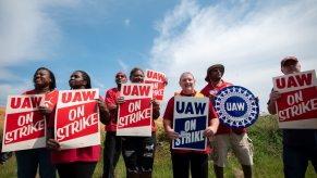 United Auto Workers (UAW) members and supporters on a picket line outside the ZF Chassis Systems plant in Tuscaloosa, Alabama. UAW auto strikes are already having an impact.