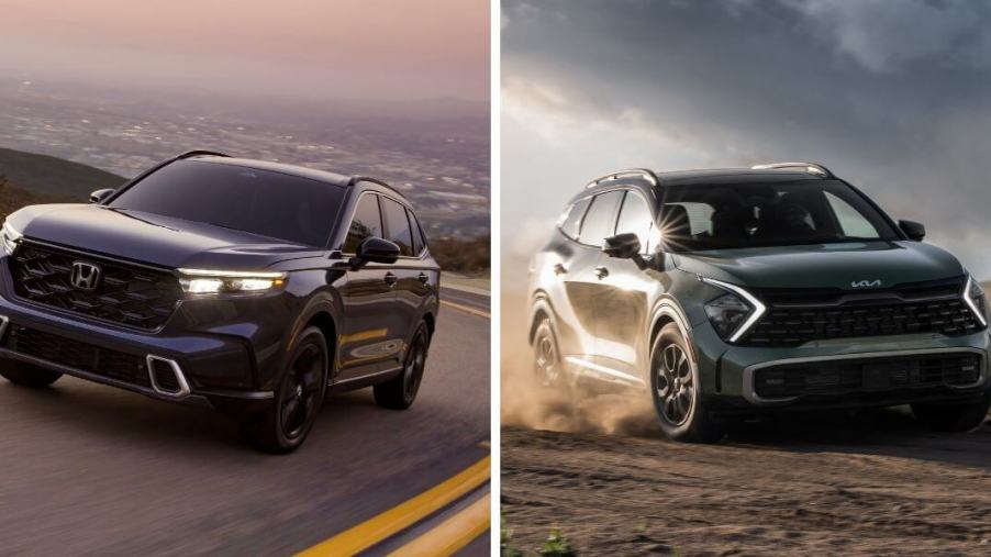 The 2024 model years of the Honda CR-V Sport Touring (L) and Kia Sportage X-Pro (R) compact crossover SUV models
