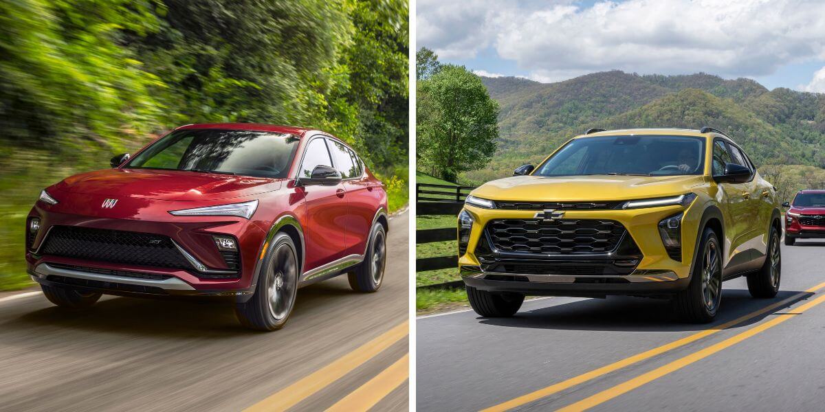 A 2024 Buick Envista ST in Cinnabar Metallic (L) and 2024 Chevy Trax Activ in Nitro Yellow (R) subcompact SUVs