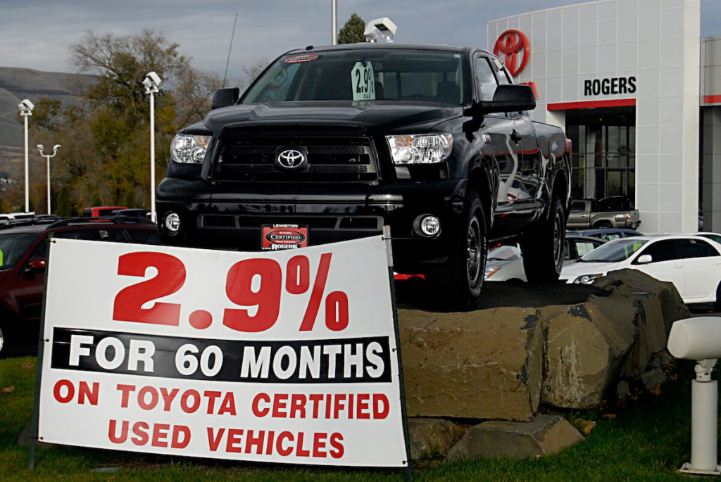 A financing sign showing 2.9 percent on a dealership lot.