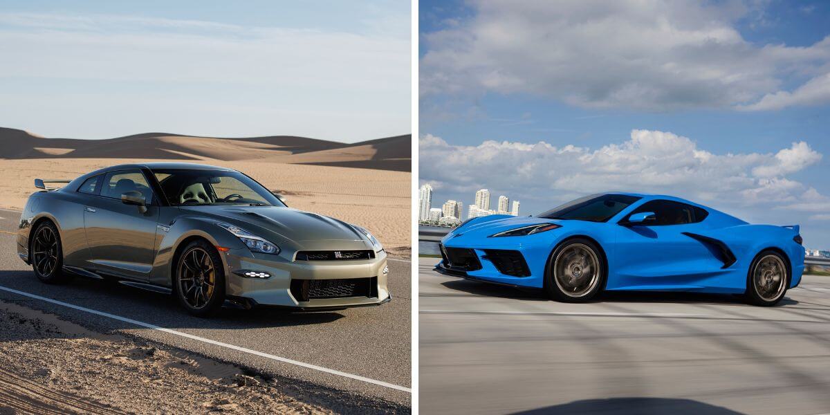 The 2024 model years of the Nissan GT-R T-Spec (L) and Chevrolet Corvette Stingray (R) performance sports cars