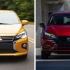 Front-facing 2024 model years of the subcompact Mitsubishi Mirage hatchback (L) and Nissan Versa sedan (R)