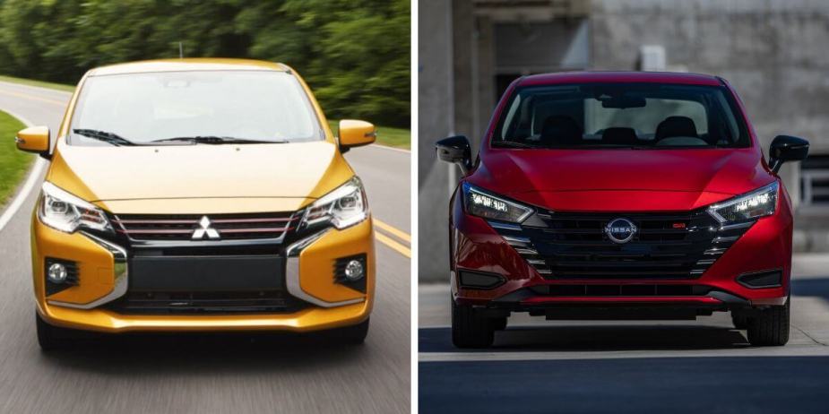 Front-facing 2024 model years of the subcompact Mitsubishi Mirage hatchback (L) and Nissan Versa sedan (R)