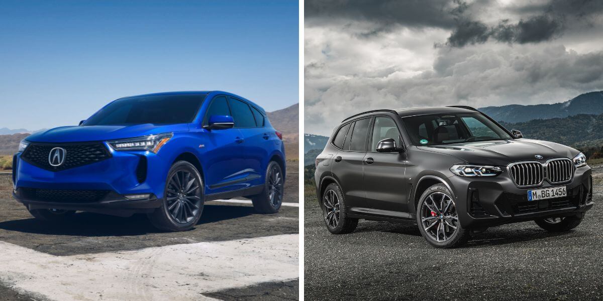 An 2023 Acura RDX (L) and BMW X3 xDrive30d (R) compact luxury crossover SUV models