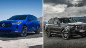 An 2023 Acura RDX (L) and BMW X3 xDrive30d (R) compact luxury crossover SUV models