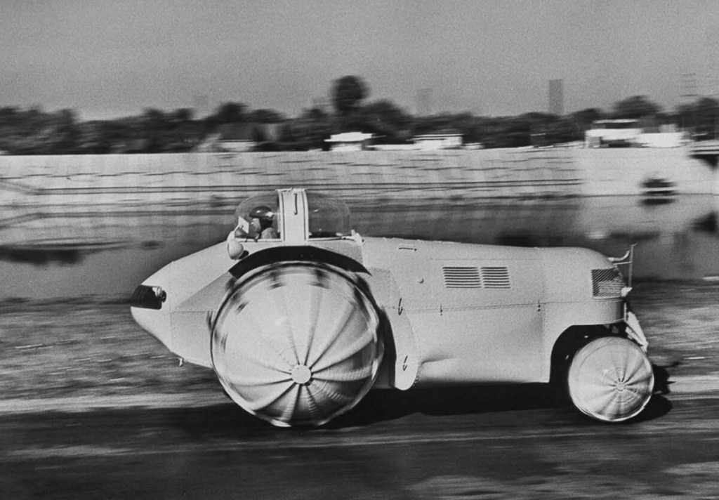 1954 Rhino amphibious vehicle driving on road