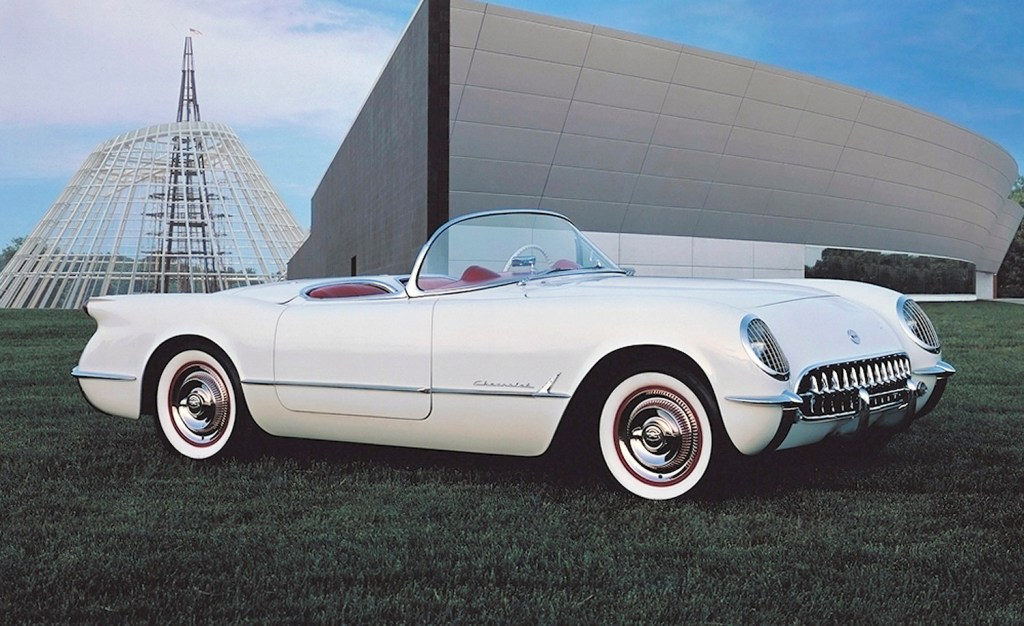 A white 1953 Chevrolet Corvette convertible parked on a sunny day