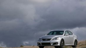 A front corner view of the silver 2009 Lexus IS F