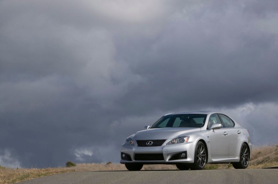 A front corner view of the silver 2009 Lexus IS F