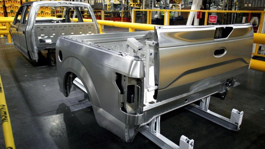 The aluminum body of a 2015 Ford F-150 full-size pickup being assembled at the Dearborn Truck Plant in Michigan