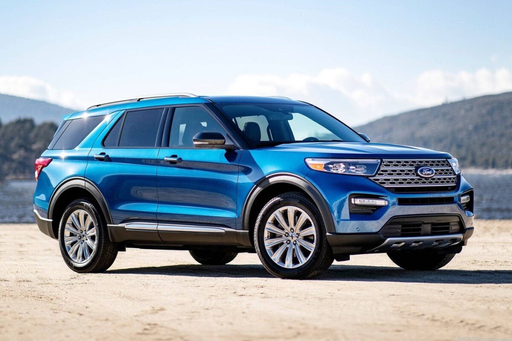 2020 Ford Explorer front 3/4 view with an EcoBoost engine under the hood.