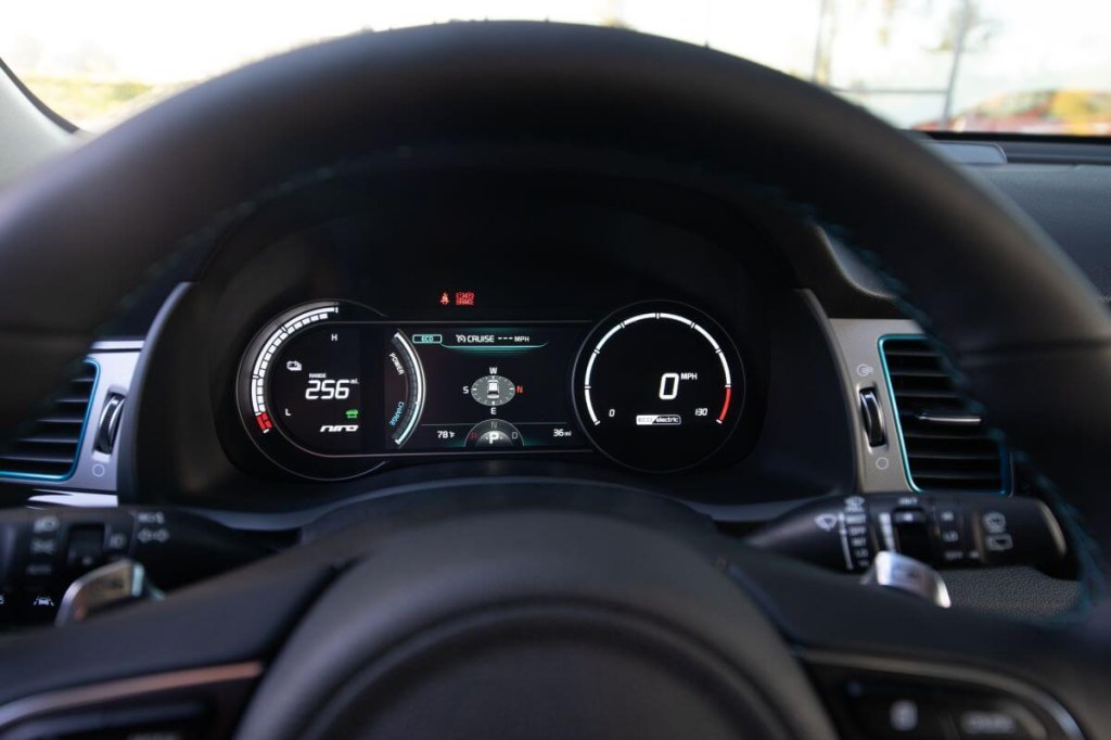 The driver's display inside a 2021 Kia Niro EV model displaying speedometer and fuel gauges