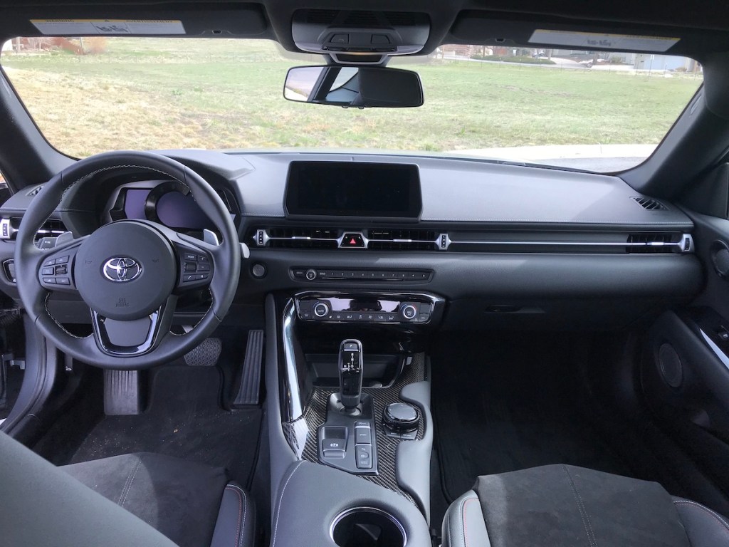 A front interior view in the 2021 Toyota Supra 2.0 sports car