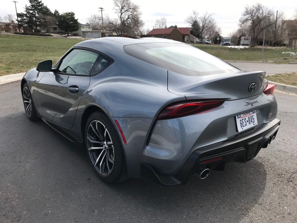 A rear corner view of the 2021 Toyota Supra 2.0