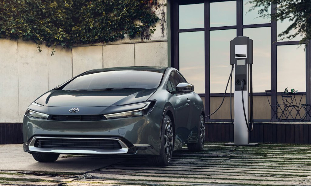 A front view of the 2023 Toyota Prius Prime charging