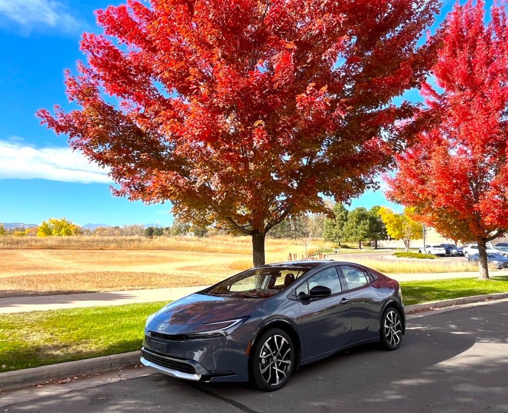 A front corner view of the 2023 Toyota Prius Prime next to trees