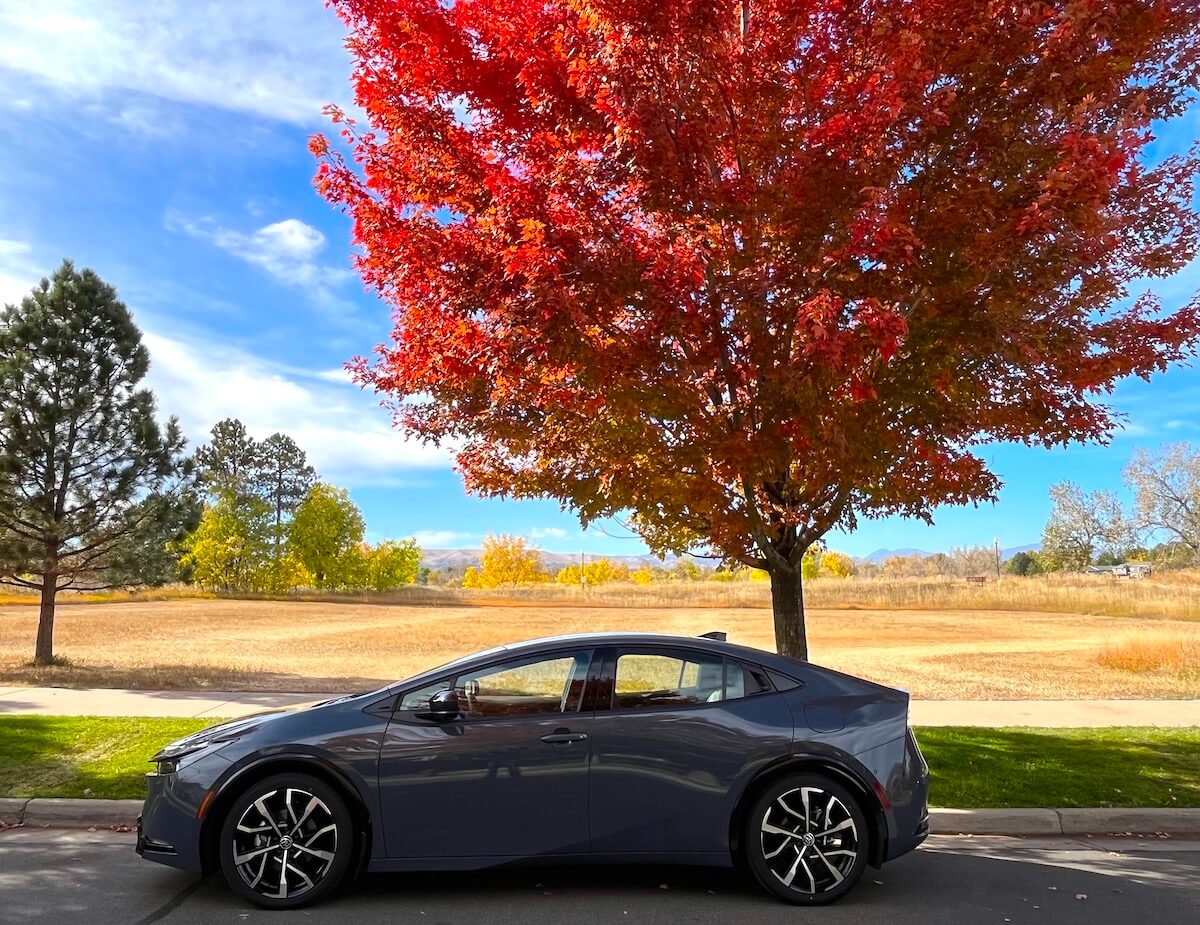 The 2023 Toyota Prius Prime sitting in front aof a colorful tree.