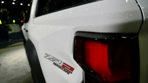 The ZR2 Bison sticker on the bed of a white Chevrolet Colorado midsize pickup truck.