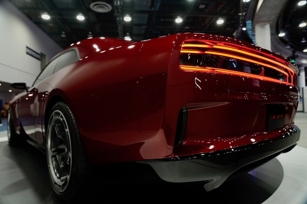 The rear fender of Dodge's 2024 Charger EV concept coupe at the Detroit auto show.