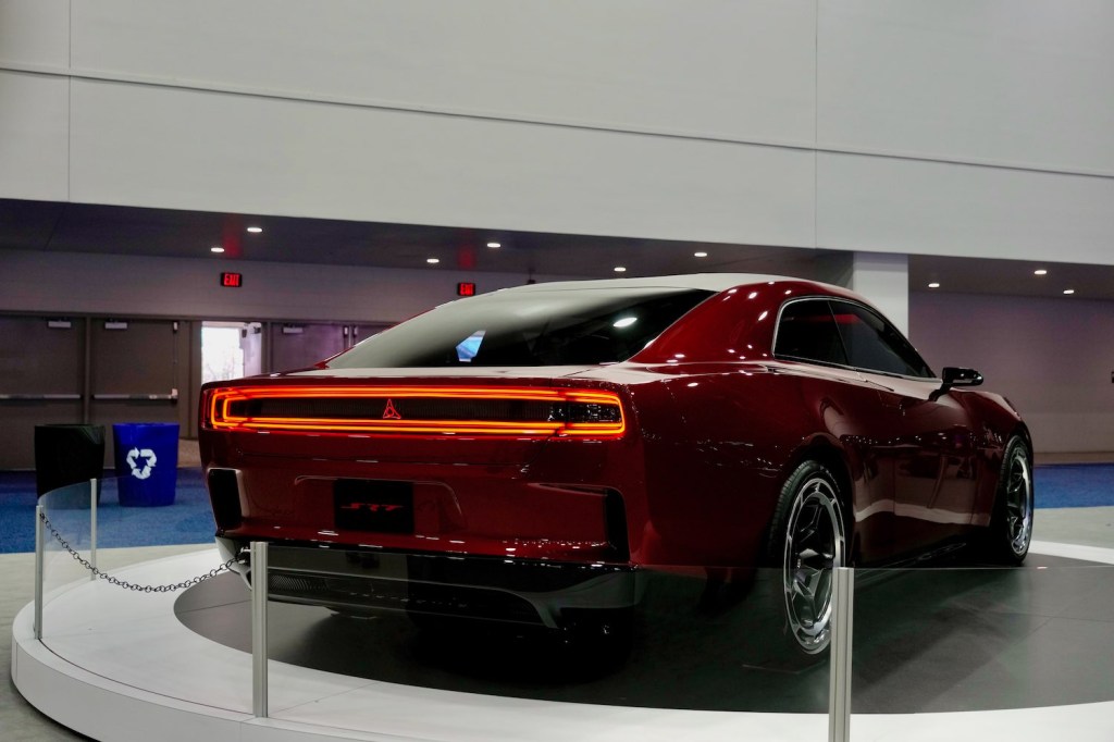 The rear of Dodge's 2024 Charger concept car which may be both gas and electric.