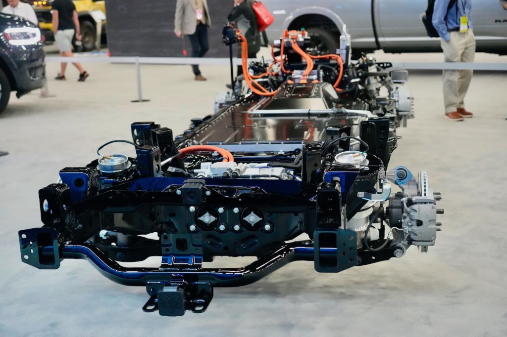 The front of a Ram 1500 concept EV chassis in Detroit
