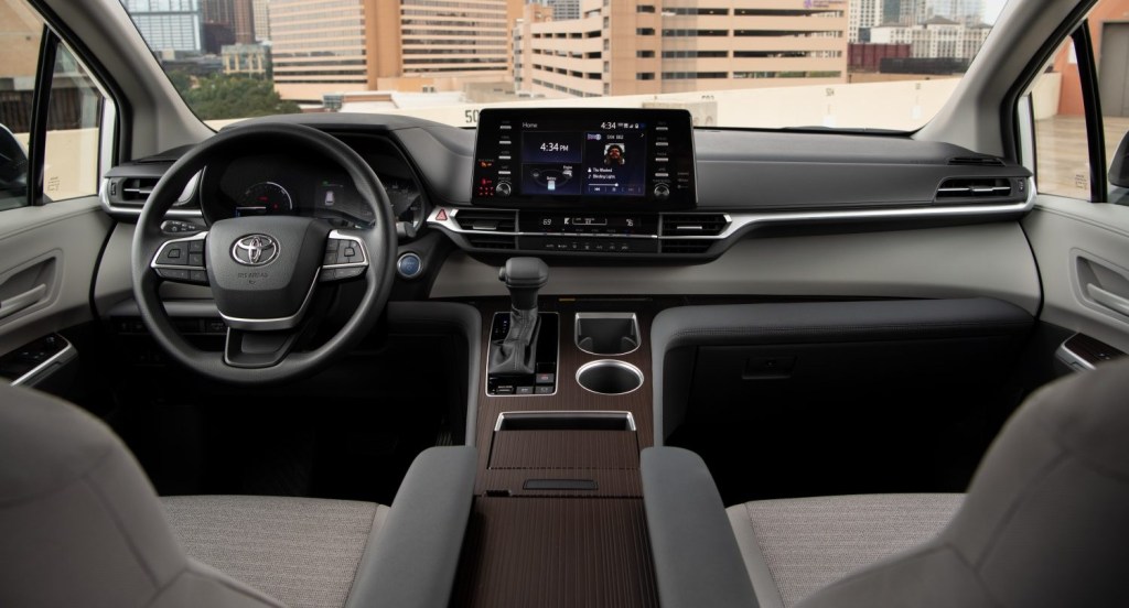 Interior dash view of the cockpit in a 2024 Toyota Sienna minivan. 