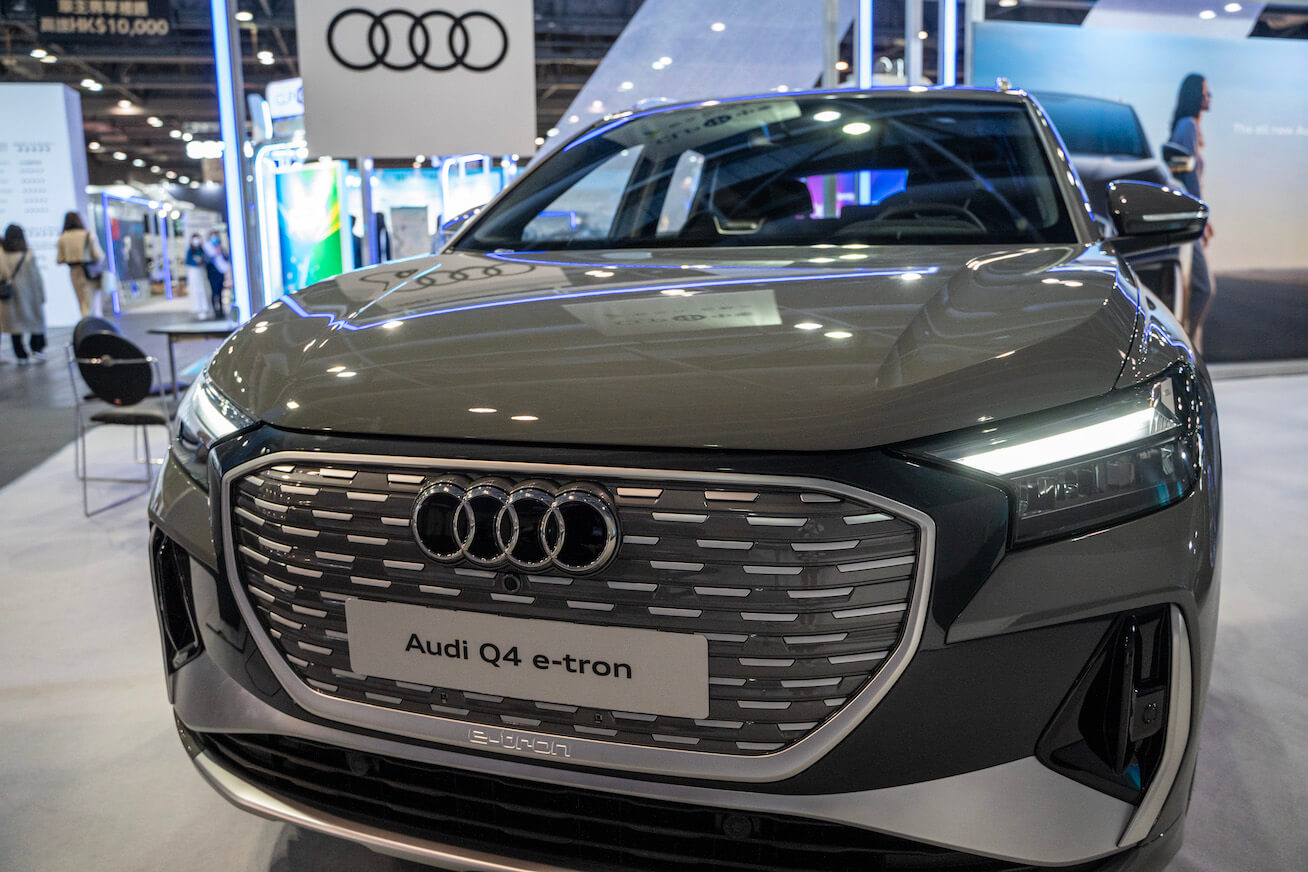 The Audi Q4 e-tron made by German automotive manufacturer Audi AG on display at the Audi booth at the Hong Kong International MotorXpo. Audi sales are up and down this year.