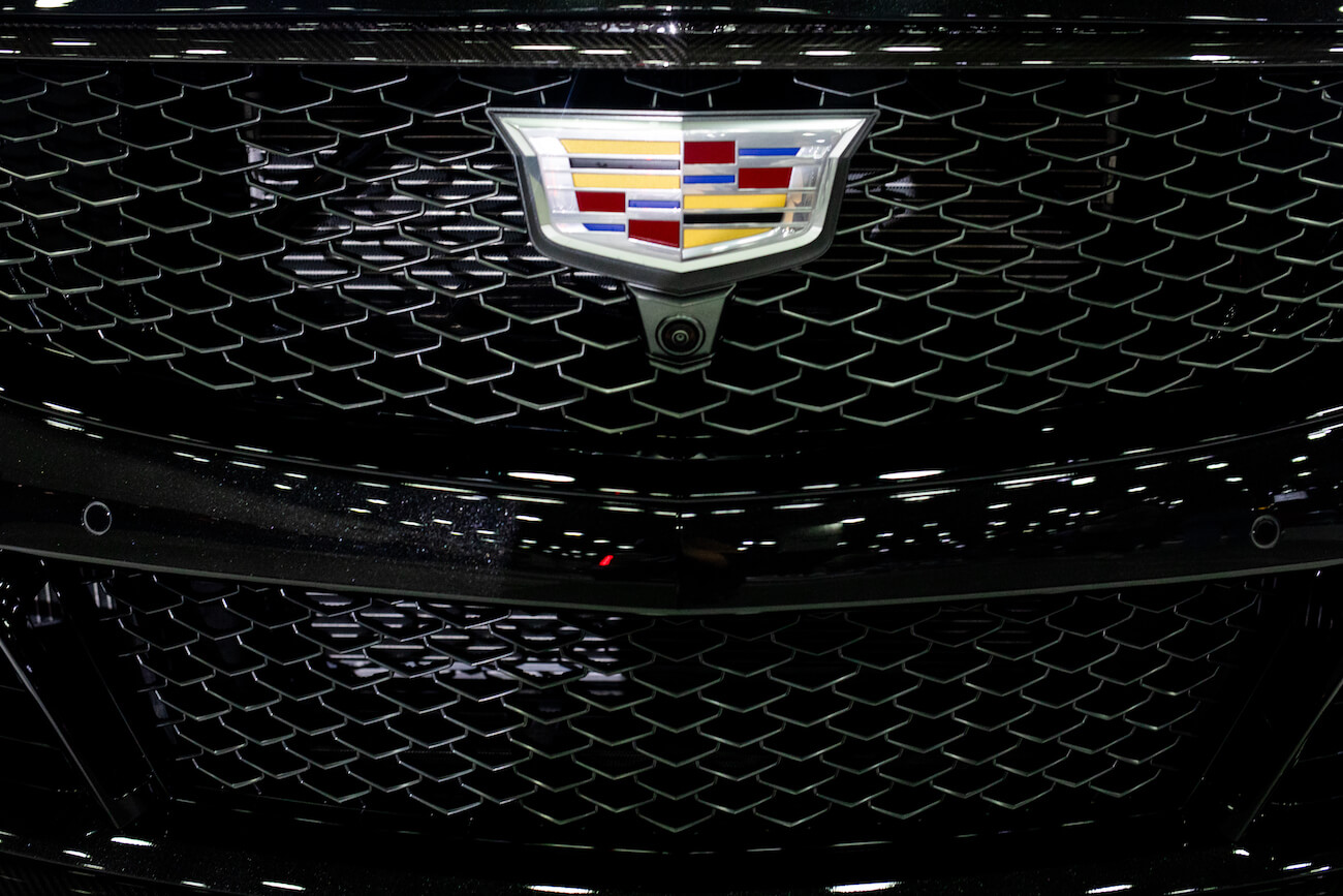 The grille of a 2024 Cadillac Escalade V sports utility vehicle (SUV) during the 2023 North American International Auto Show (NAIAS)