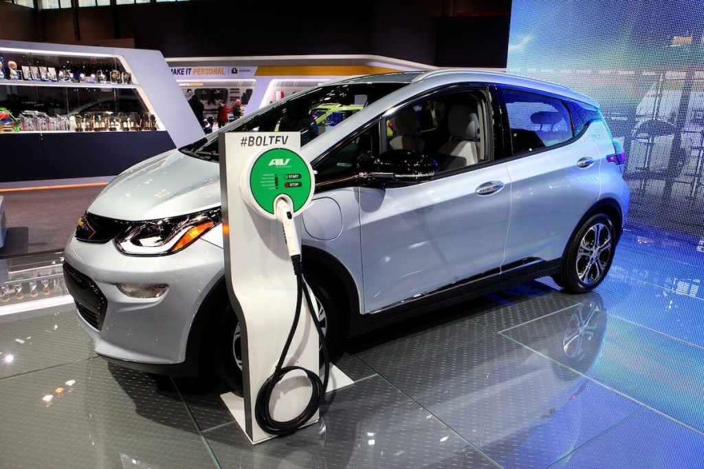 A front corner view of the 2017 Chevrolet Bolt at an auto show