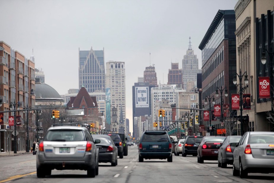 Traffic moves through downtown Detroit, Michigan, home of the best drivers in the country.