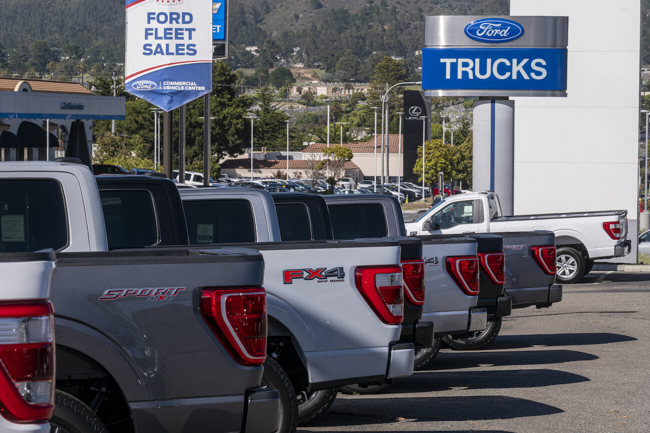 A lineup of Ford F-150 models at a dealership in California. Ford F-150 prices scale up quickly.
