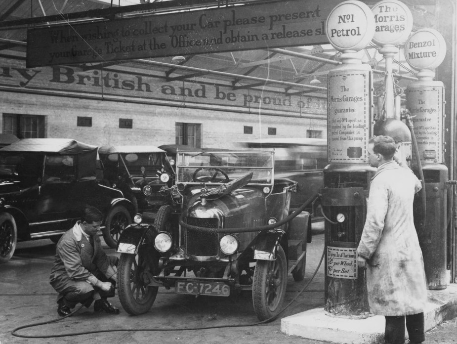 Morris Cowley Bullnose in a British garage, 1925.