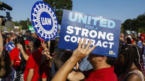 UAW strikers outside of Stellantis plant