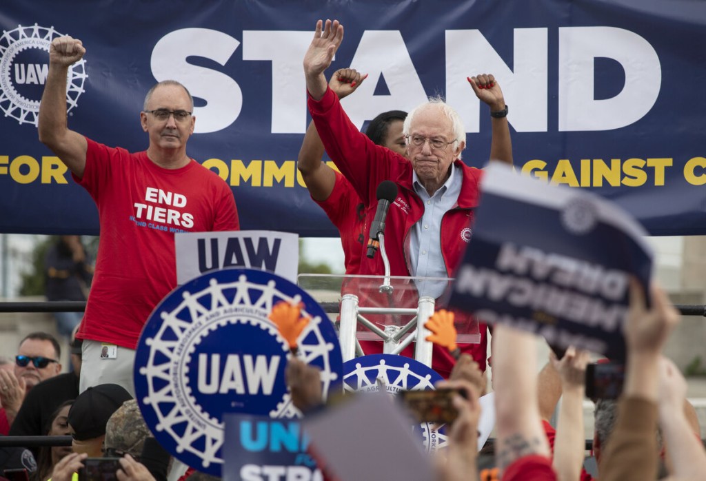 Sen. Bernie Sanders (I-VT) and UAW President Shawn Fain at UAW strike rally