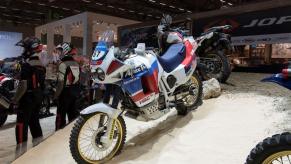 An old Honda Africa Twin auto motorcycle on display at the 2016 Intermot trade fair in Cologne, Germany