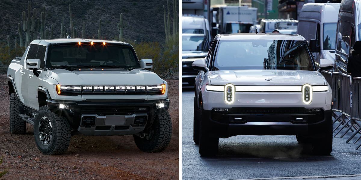 Promotional images of the GMC Hummer EV Pickup (L) and Rivian R1T (R) all-electric pickup truck models