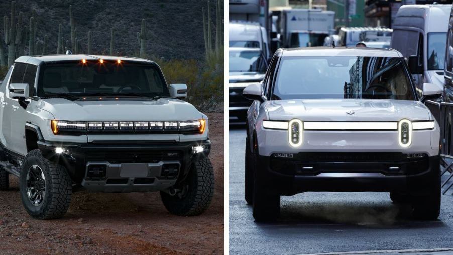 Promotional images of the GMC Hummer EV Pickup (L) and Rivian R1T (R) all-electric pickup truck models