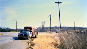 A diesel ICE truck hooked up to a cattle trailer on a rural road, a row of telelphone poles visible in the background.