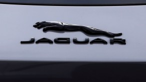 Jaguar logo is seen on the car during Gran Turismo Polonia. Jaguar sales are abysmal.