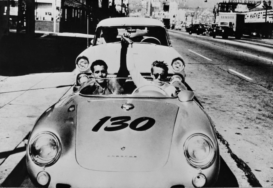 James Dean and his mechanic testing the Porsche 550 Spyder on September 30th in Los Angeles.