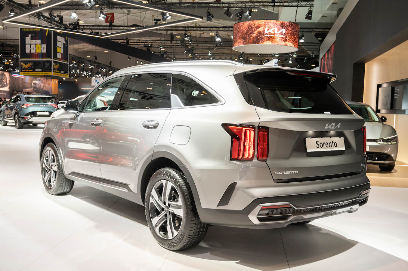 Rear of a gray 2023 Kia Sorento at Brussels Expo. The Kia Sorento's resale value is a big pro for it.