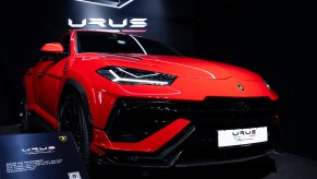 A red Lamborghini Urus at the company's event to mark the automaker's 60th anniversary in Seoul. Luxury car prices for the Urus aren't advertised on the site.
