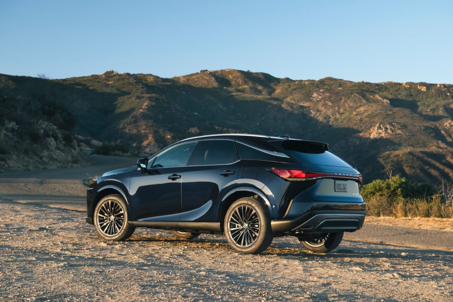 2023 Lexus RX 350 in blue parked in the desert. The RX is the most dependable vehicle in 2023.