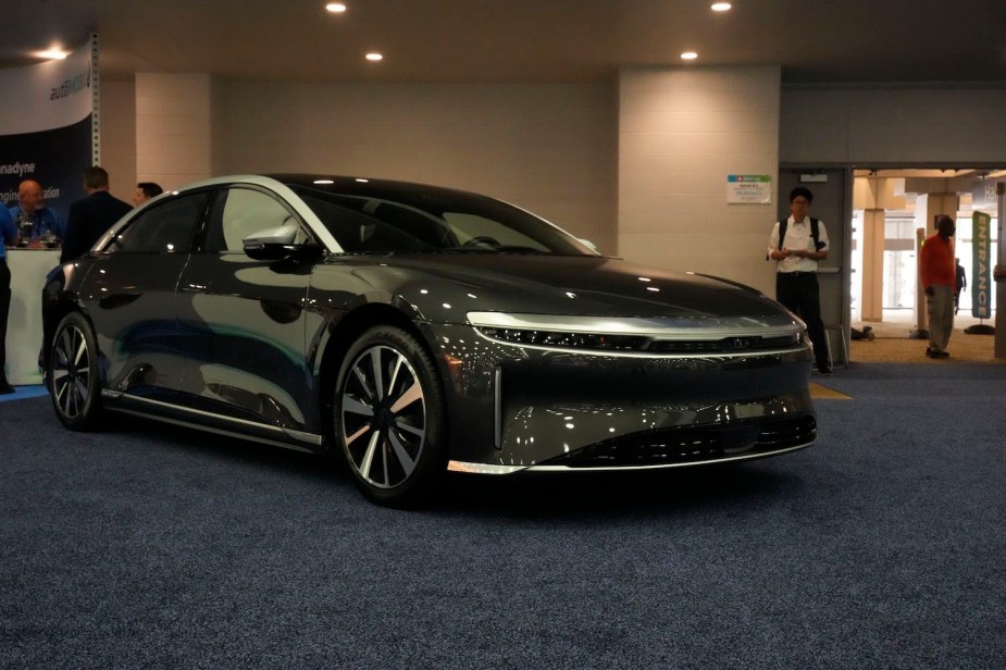 A Lucid Air electric vehicle sedan parked at the North American Auto Show in Detroit.