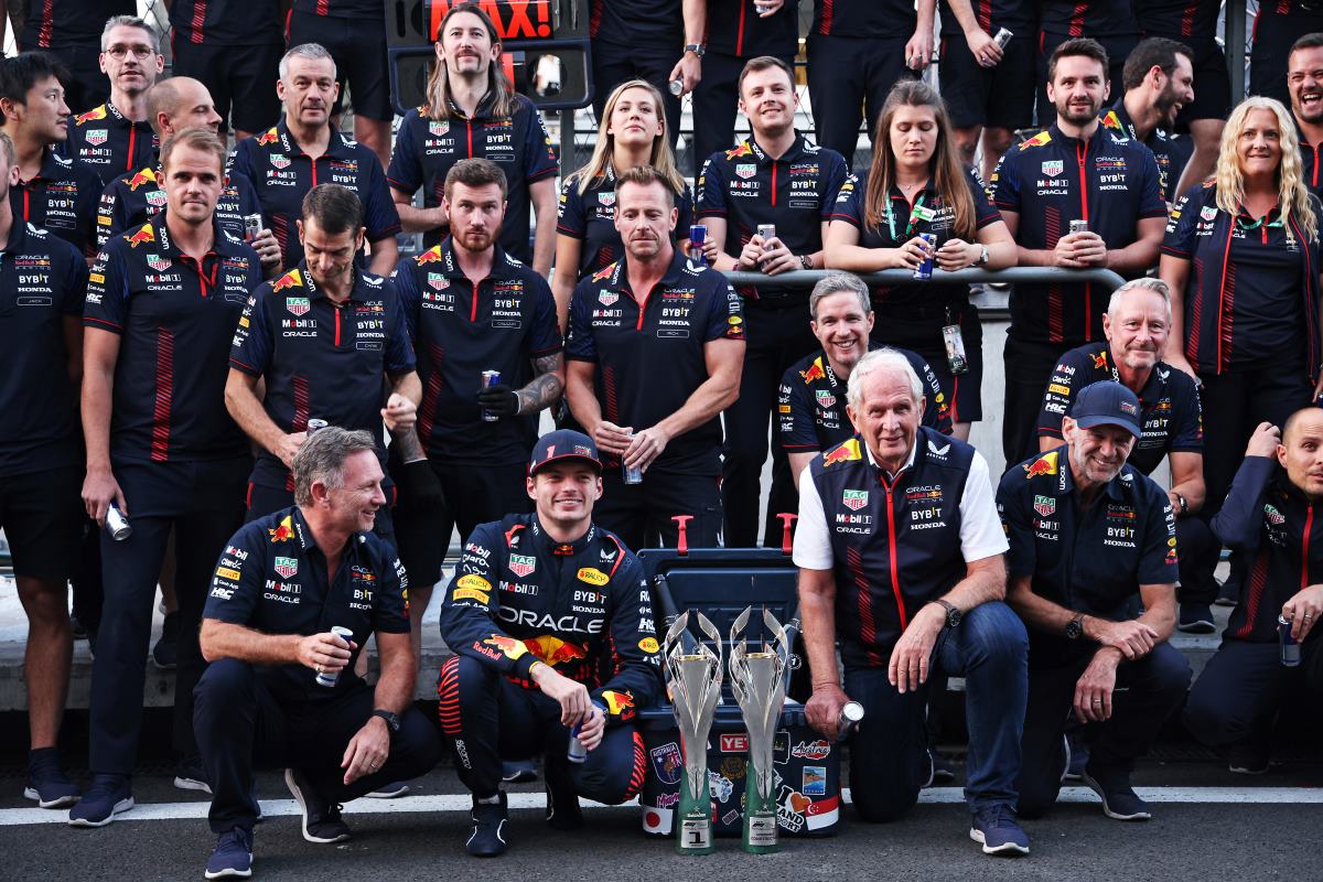 Max Verstappen and team poses with the 2023 F1 Grand Prix of Mexico trophies.